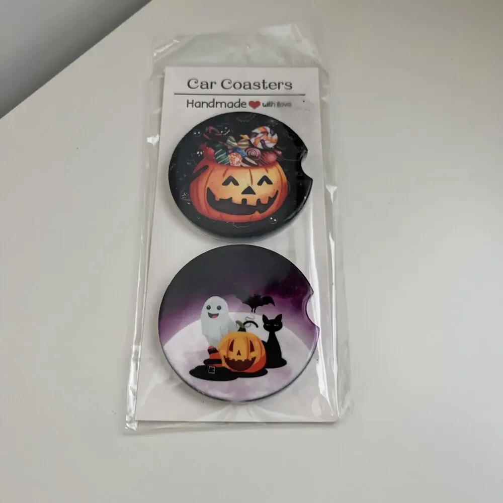 Custom Heat Printed Car Coasters Halloween Fall Designs Set Of 2